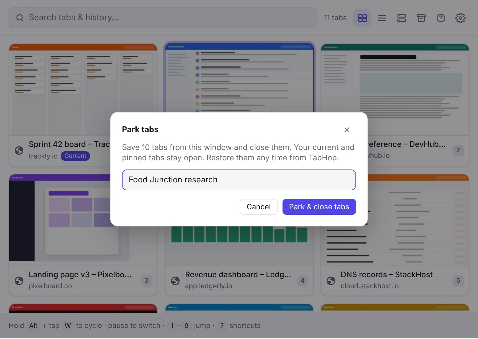 The Park tabs dialog saving 10 tabs as 'Food Junction research'.