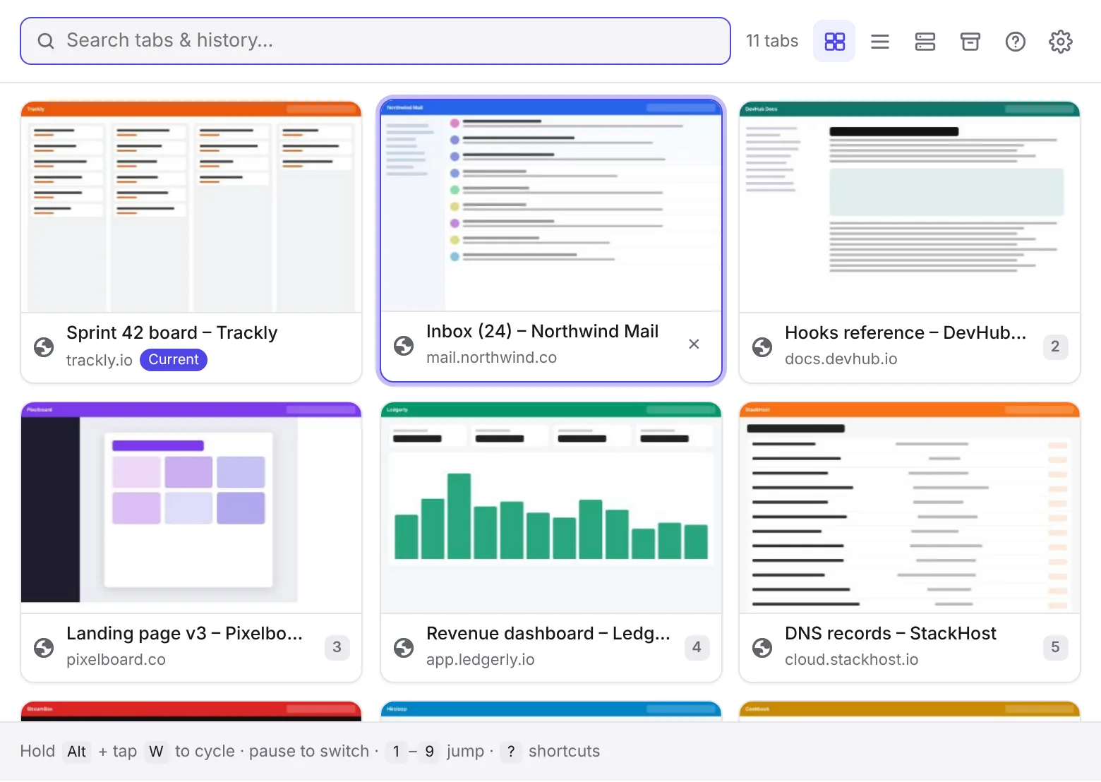 TabHop's tile view: open tabs shown as a grid of page previews with titles, the next tab highlighted.